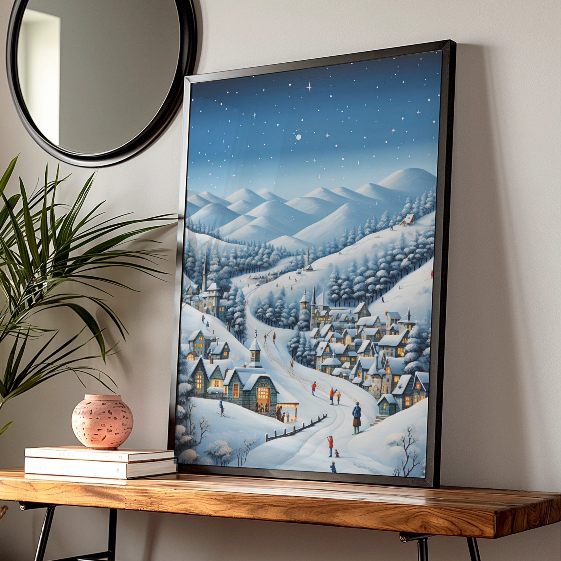 Christmas Village Winter Poster, Snowy Night Scene Wall Art, Festive Holiday Print, Xmas Decor