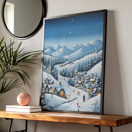 Christmas Village Winter Poster, Snowy Night Scene Wall Art, Festive Holiday Print, Xmas Decor