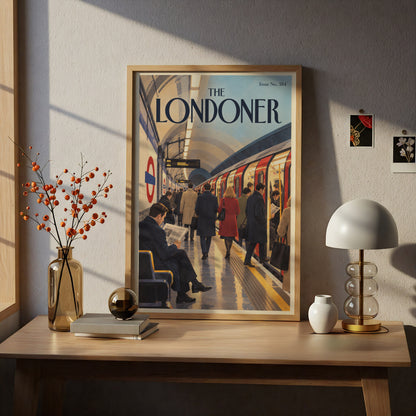 London Underground Poster, Tube Station Wall Art, Vintage Magazine Cover Art Print, Commuter Scene