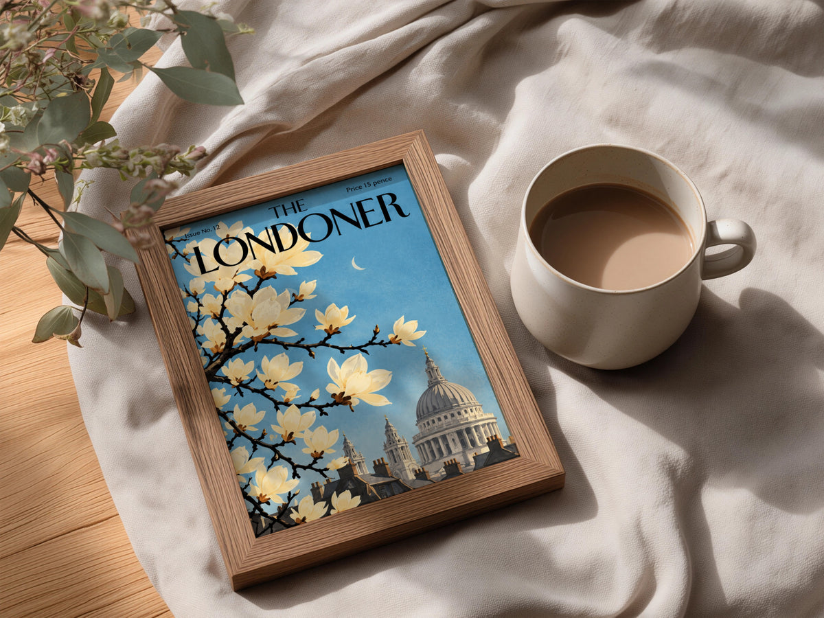 London Magnolia Blossom Poster, St Paul's Cathedral Wall Art, Vintage Magazine Cover Print