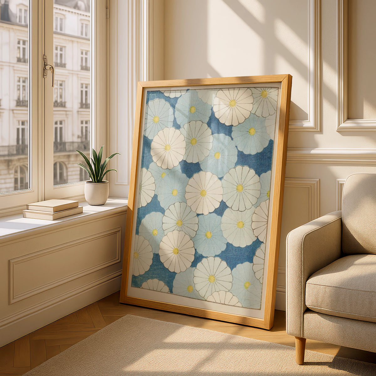 Japanese Botanical Print, Vintage Floral Woodblock Wall Art, Blue Chrysanthemum Japandi Poster – A5 Oak frame