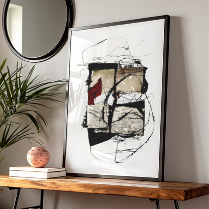 Abstract Ink Art Print, Monochrome Wall Art with Red Accent, Modern Contemporary Poster — Digital Download