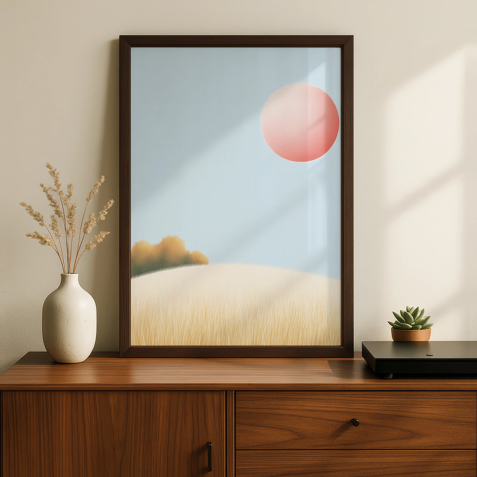 Nursery Wall Art Pink Sun Landscape Print, Minimalist Pastel Poster, Baby Room Decor