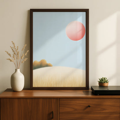 Nursery Wall Art Pink Sun Landscape Print, Minimalist Pastel Poster, Baby Room Decor