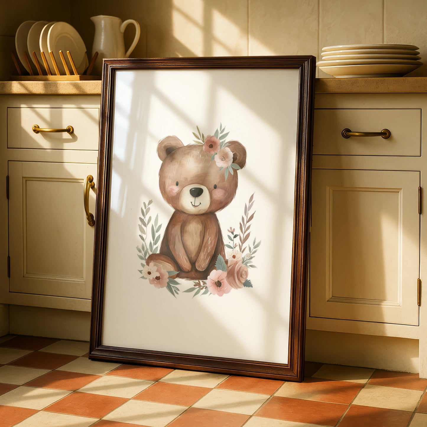 Floral Teddy Bear Nursery Wall Art, Baby Girl Poster, Boho Bear Print, Kids Room Decor