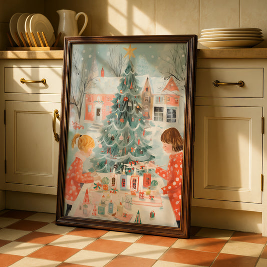 Christmas Poster, Children Decorating Tree, Vintage Festive Wall Art, Retro Holiday Print
