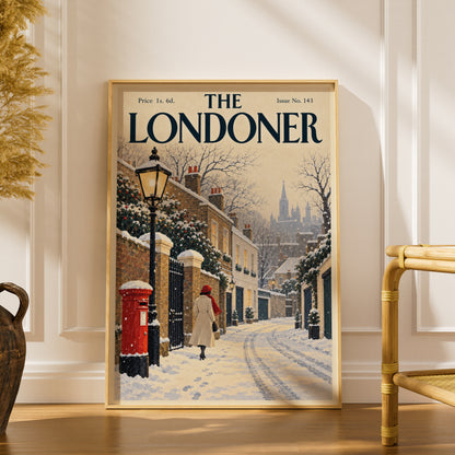 Vintage London Winter Street Poster, Snowy Wall Art, Red Post Box Art Print, Christmas Gift