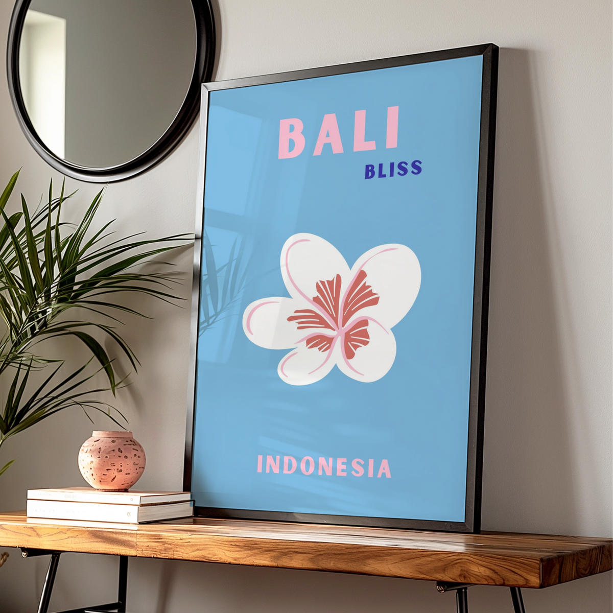 Bali Travel Poster Indonesia Wall Art, Retro Frangipani Print, Blue Pink Tropical Decor
