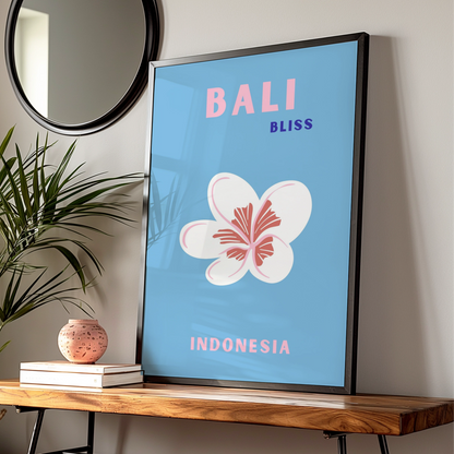 Bali Travel Poster Indonesia Wall Art, Retro Frangipani Print, Blue Pink Tropical Decor