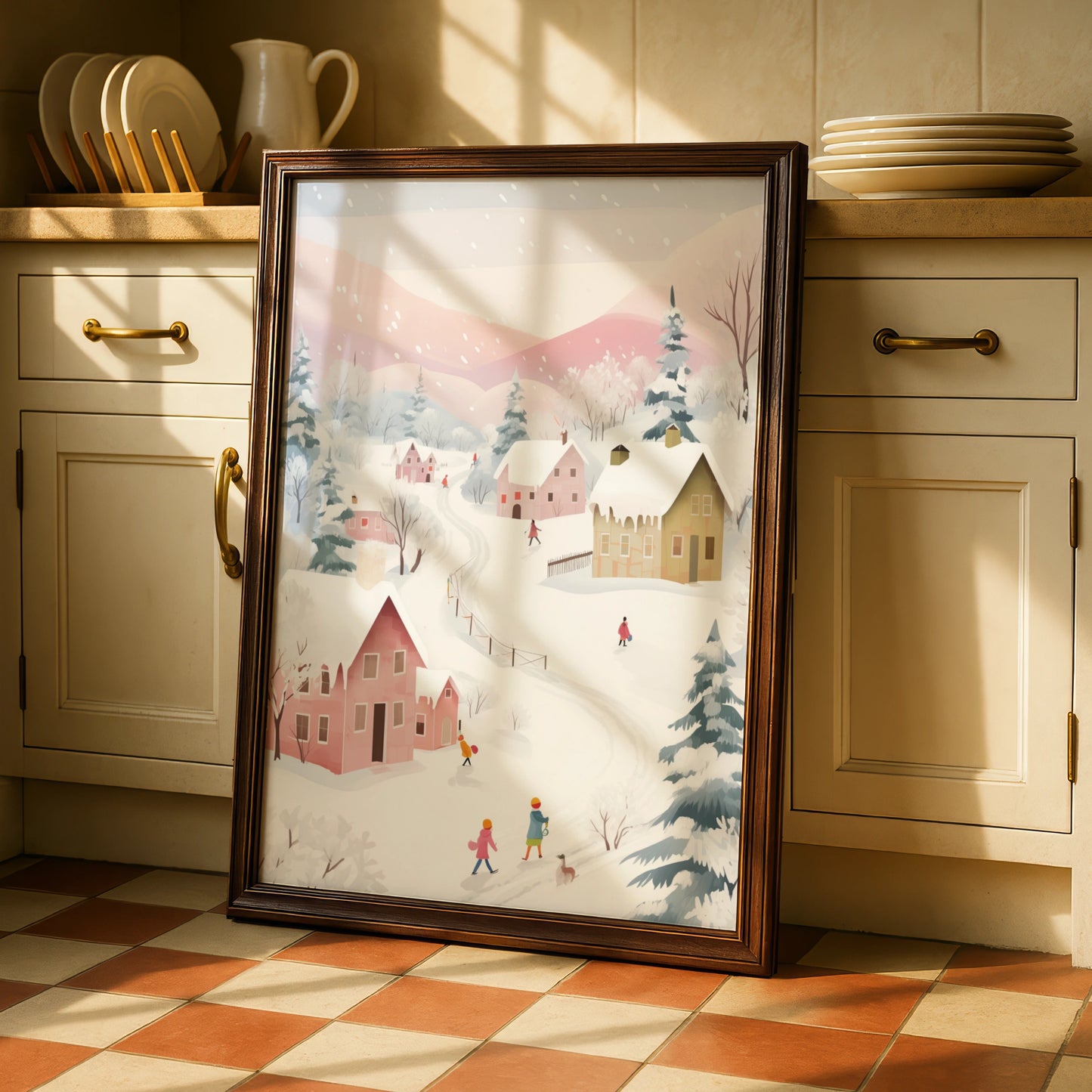 Christmas Village Snow Scene Poster, Pastel Winter Wall Art, Festive Holiday Print