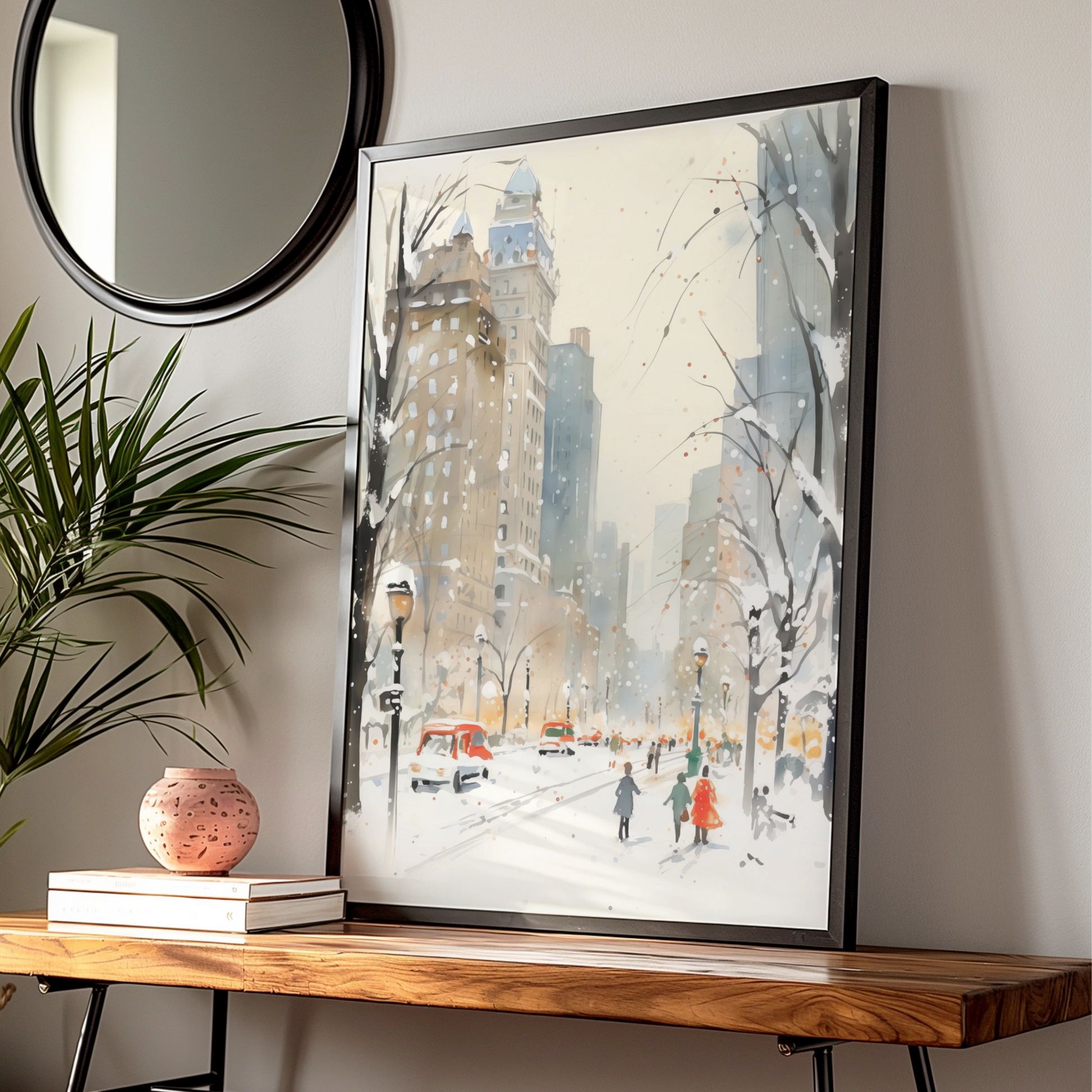 Christmas New York City Snow Poster, Winter NYC Watercolour Wall Art Print