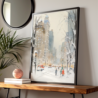 Christmas New York City Snow Poster, Winter NYC Watercolour Wall Art Print
