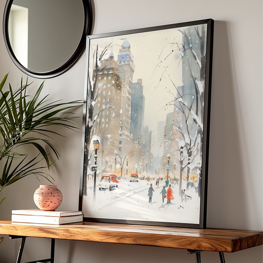 Christmas New York City Snow Poster, Winter NYC Watercolour Wall Art Print