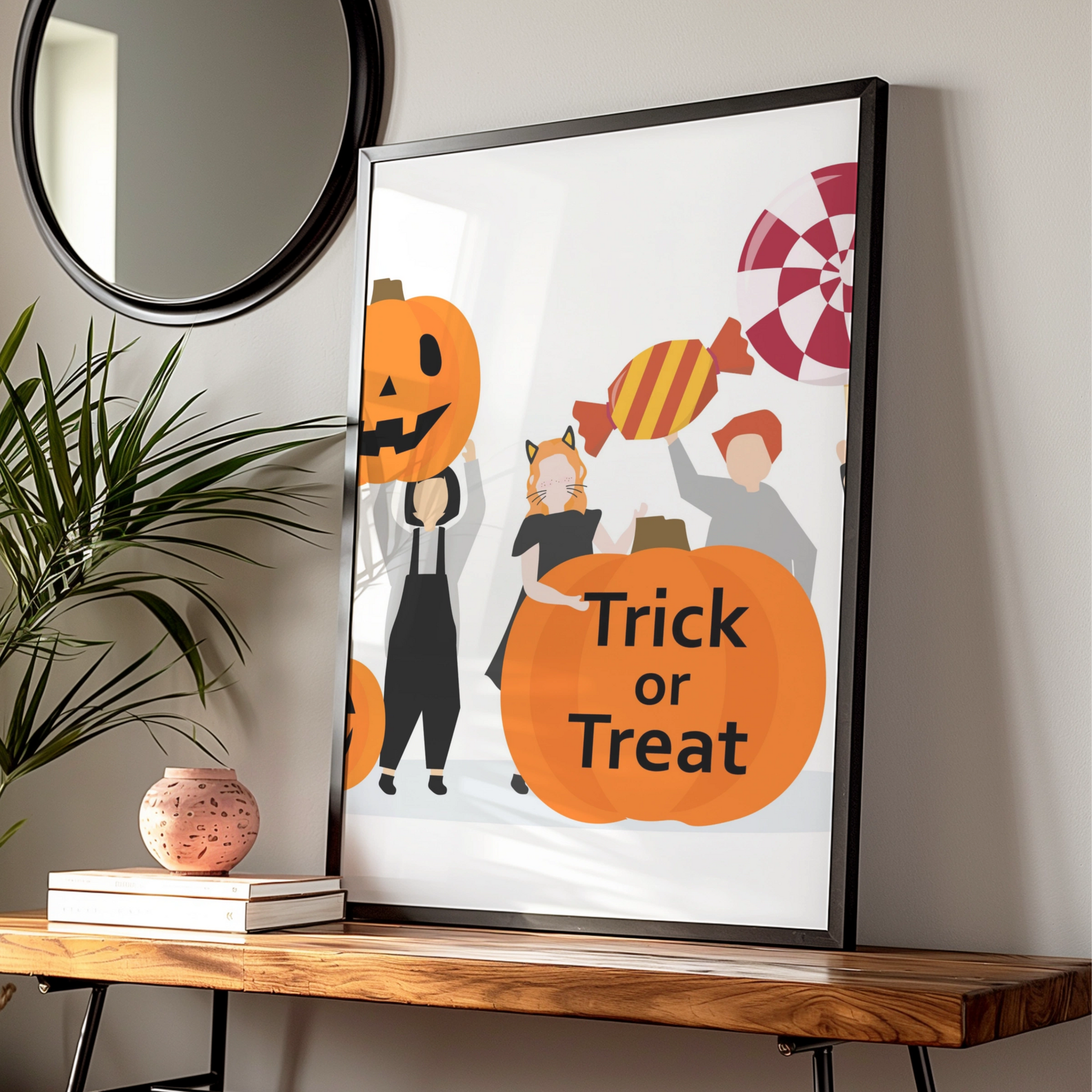 Trick or Treat Halloween Poster, Kids Costume Wall Art, Pumpkin Candy Print