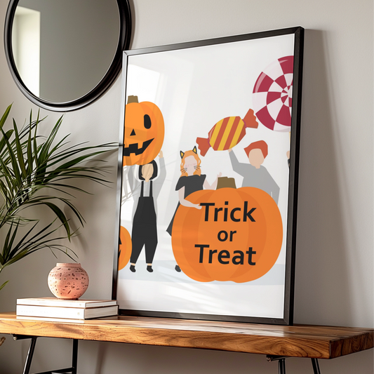 Trick or Treat Halloween Poster, Kids Costume Wall Art, Pumpkin Candy Print