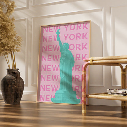 New York Travel Poster, Statue of Liberty Wall Art, Retro NYC Print, Pink Pop Art