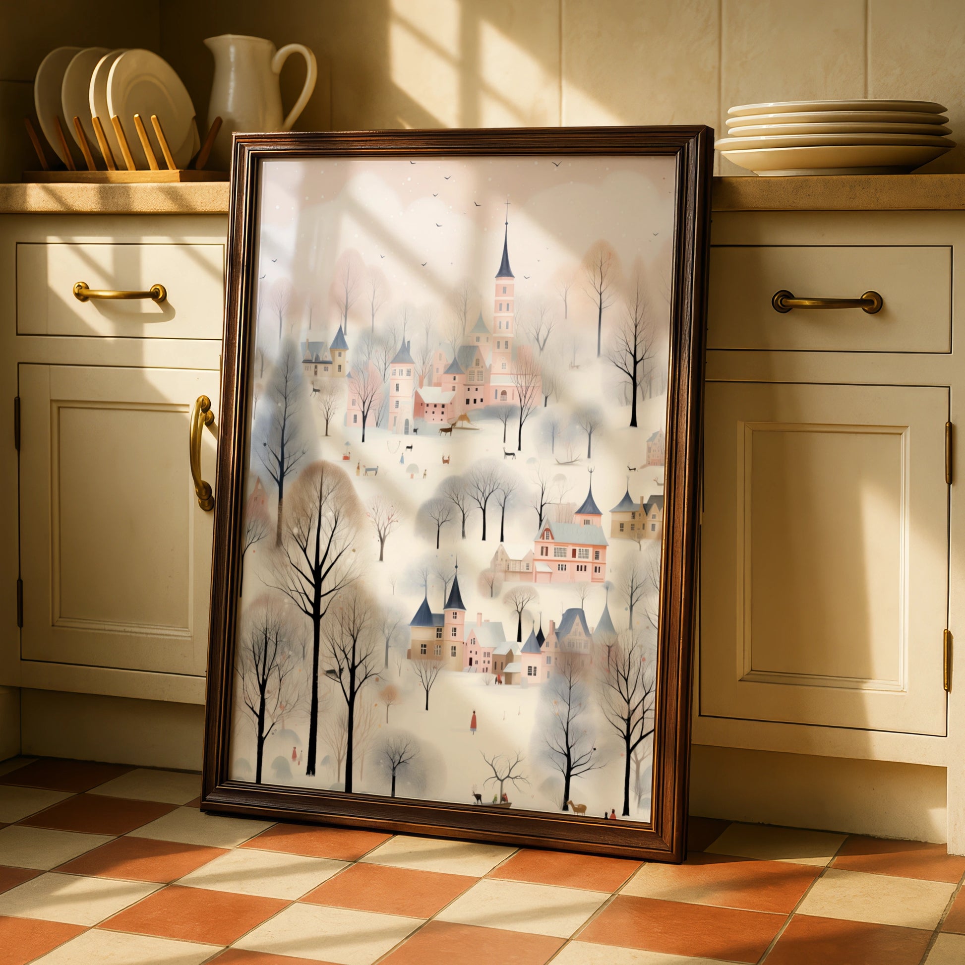 Christmas Village Poster, Snowy Winter Town Wall Art, Pastel Pink Festive Print, Whimsical Holiday