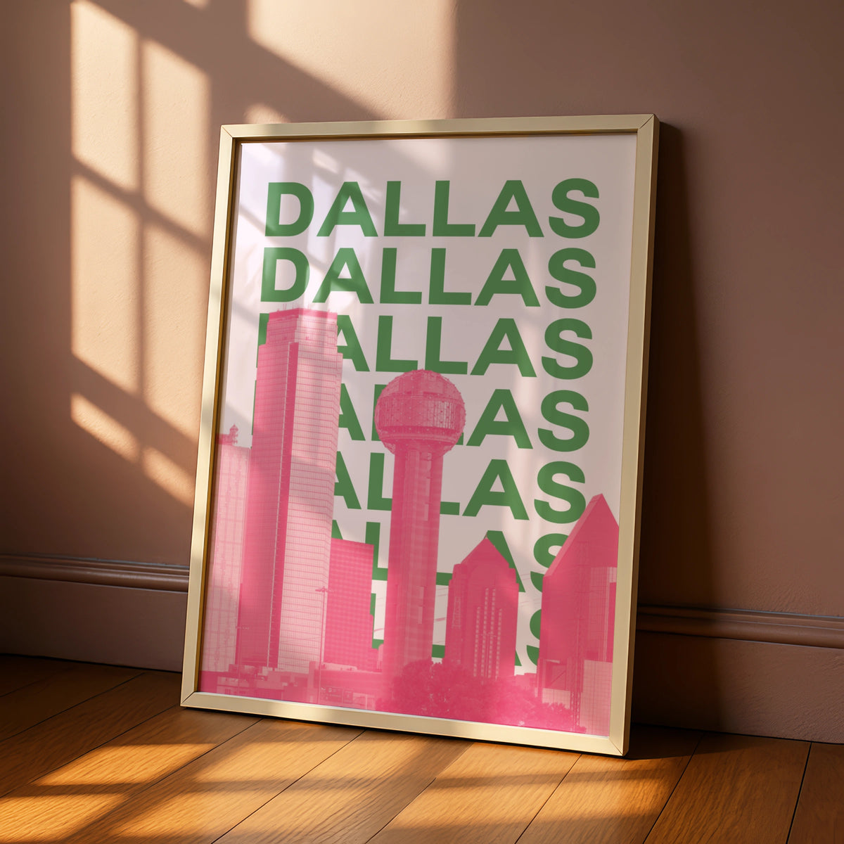 Dallas Travel Poster Texas Skyline Wall Art, Retro City Print, Pink Green Decor