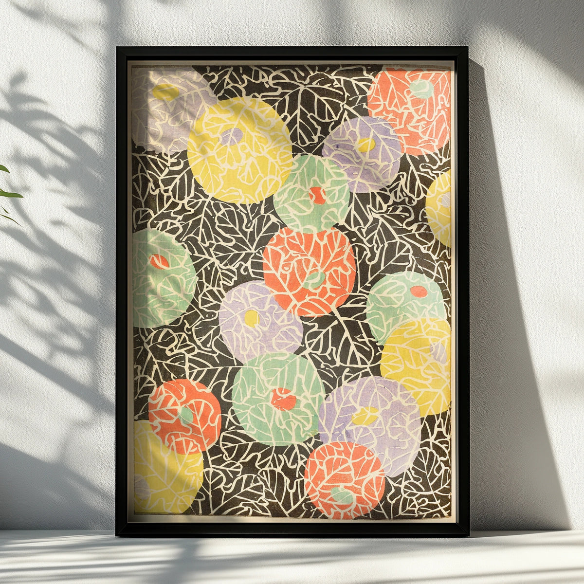 Japanese Botanical Print, Vintage Woodblock Wall Art, Floral Japandi Poster, Colourful Leaf Pattern – A4 Black frame