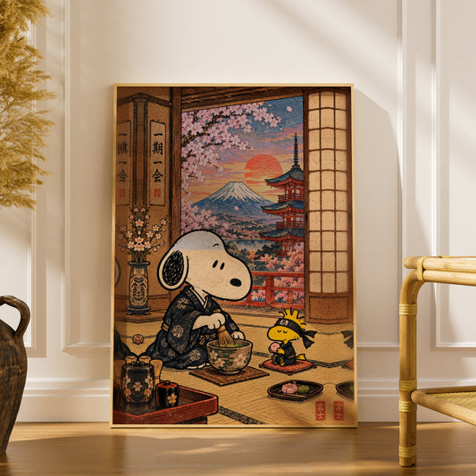 Japanese Tea Ceremony Poster, Cute Beagle Matcha Wall Art, Mount Fuji Cherry Blossom Print
