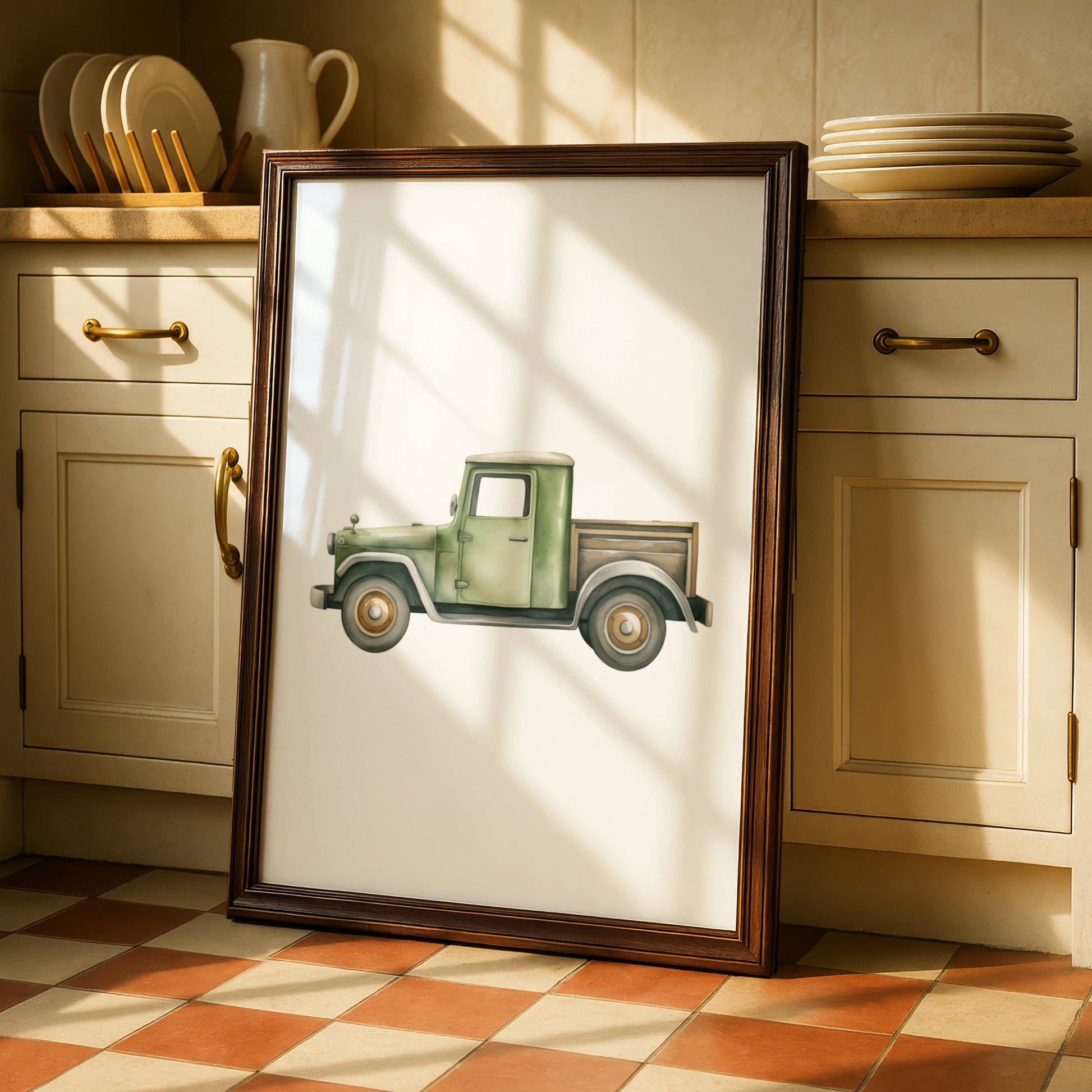 Vintage Green Truck Nursery Wall Art, Boys Room Poster, Watercolour Car Print