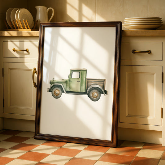 Vintage Green Truck Nursery Wall Art, Boys Room Poster, Watercolour Car Print