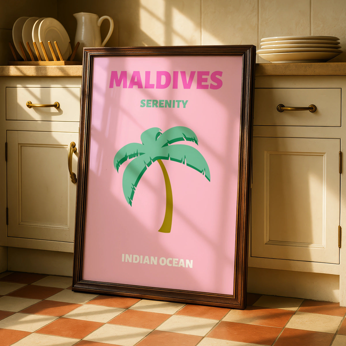 Maldives Travel Poster, Indian Ocean Wall Art, Retro Palm Tree Print, Pink Tropical Decor