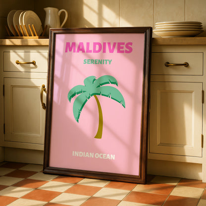 Maldives Travel Poster, Indian Ocean Wall Art, Retro Palm Tree Print, Pink Tropical Decor