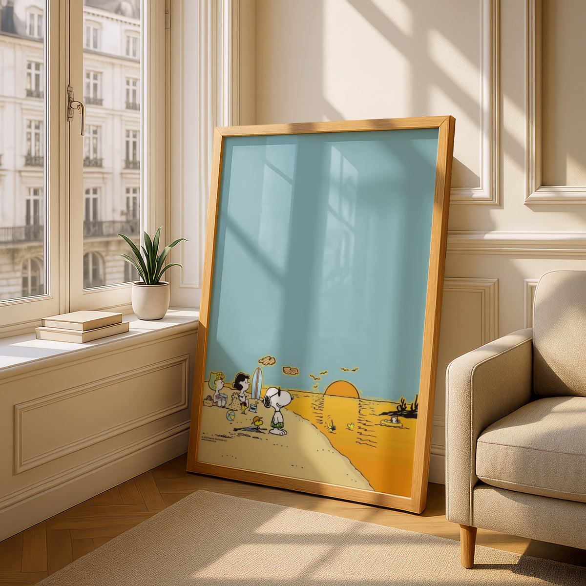 Beach Sunset Cartoon Poster, Dusty Teal Sky, Golden Sea, Retro Kids Room Wall Art Print