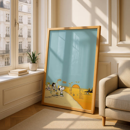Beach Sunset Cartoon Poster, Dusty Teal Sky, Golden Sea, Retro Kids Room Wall Art Print