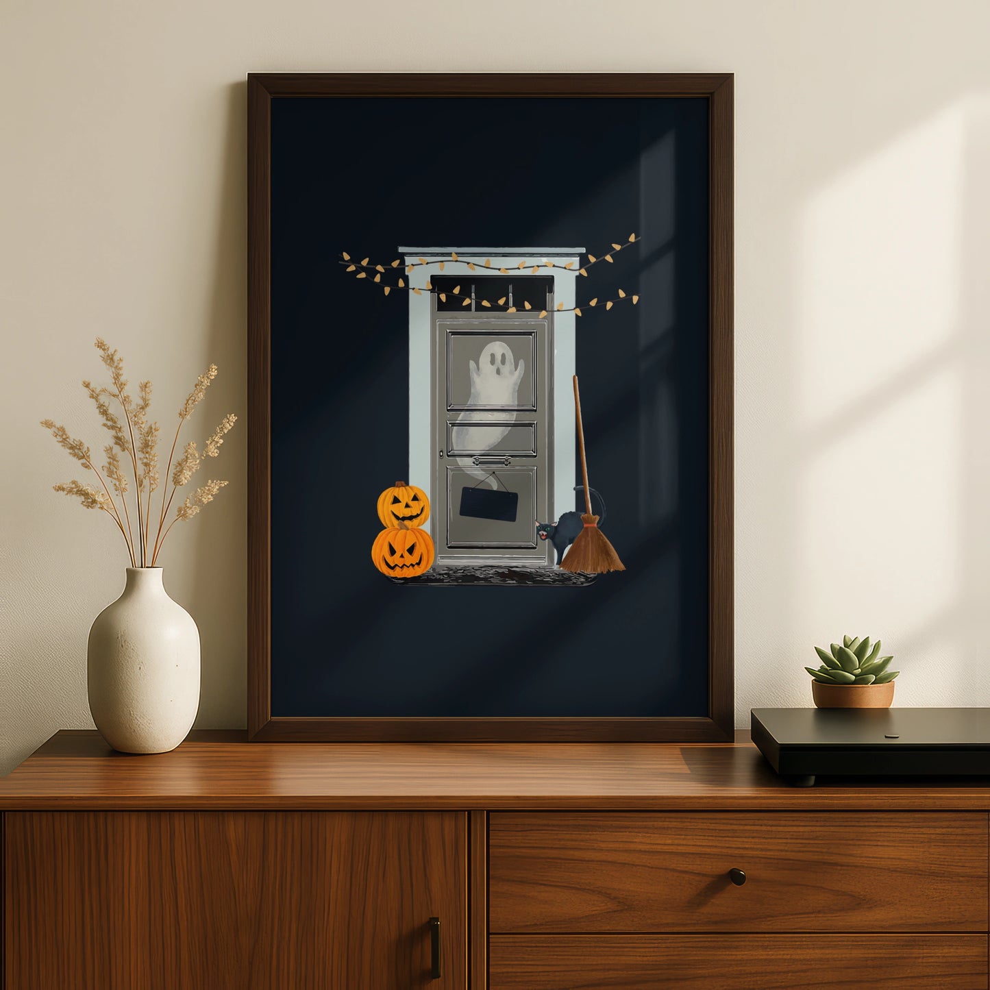 Halloween Ghost Door Poster, Spooky Black Cat Pumpkin Wall Art, Witch Broom Print