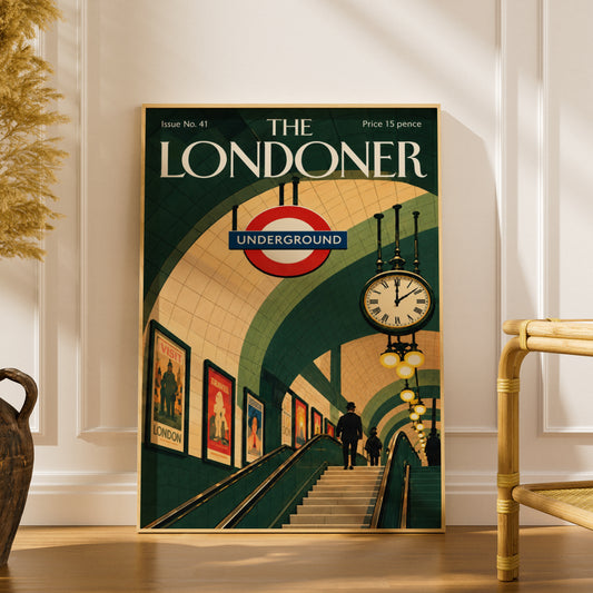 London Underground Poster, Vintage Magazine Cover Wall Art, Tube Station Art Print, Green Retro