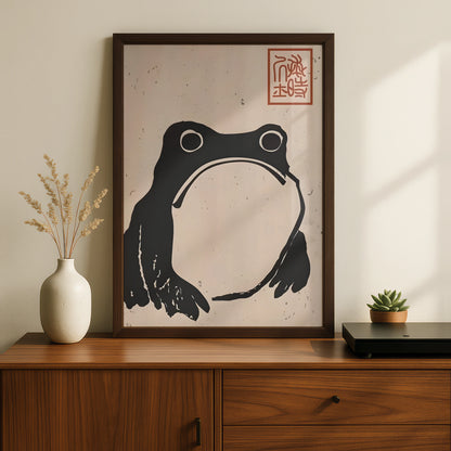 Japanese Frog Print, Monochrome Wall Art, Minimalist Black White Poster, Zen Animal Decor