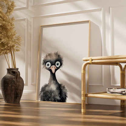 Emu Nursery Wall Art, Cute Watercolour Bird Poster, Kids Room Animal Print