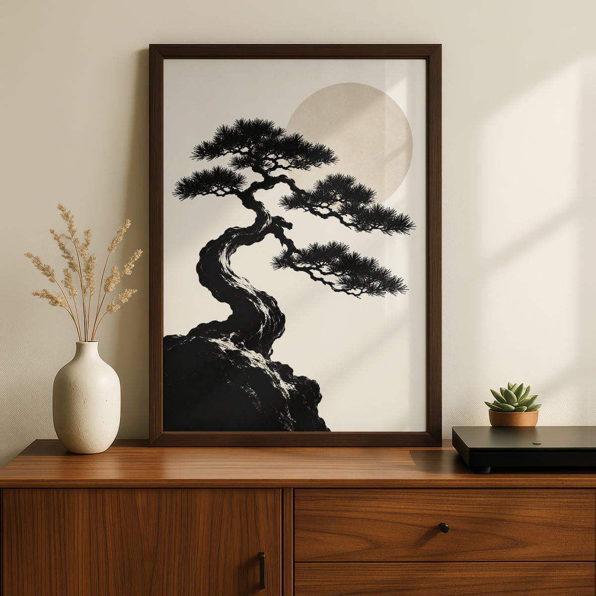 Bonsai Tree Moon Print, Monochrome Wall Art, Japanese Pine Minimalist Poster, Neutral Gallery Wall