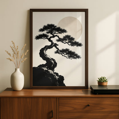 Bonsai Tree Moon Print, Monochrome Wall Art, Japanese Pine Minimalist Poster, Neutral Gallery Wall