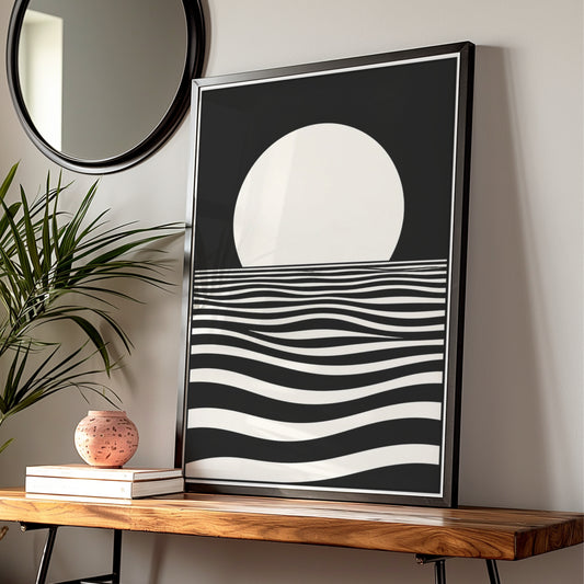Monochrome Moon Over Ocean Waves Print, Black White Minimalist Poster, Gallery Wall Art