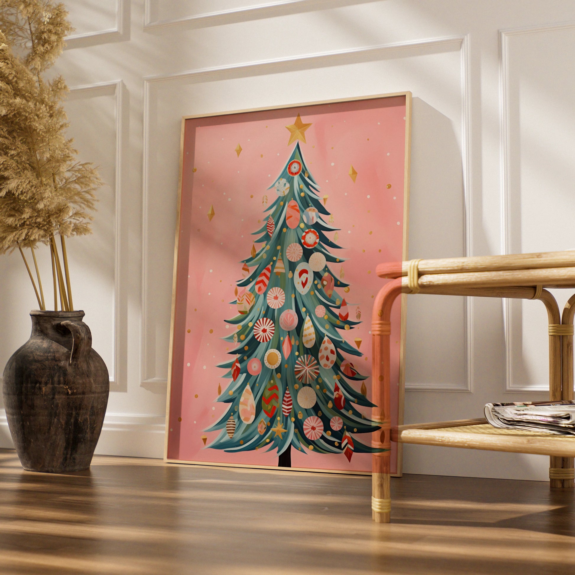 Pink Christmas Tree Poster, Festive Baubles Wall Art, Boho Xmas Print, Holiday Home Decor