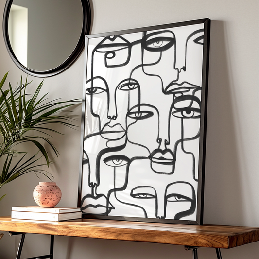 Abstract Faces Line Art, Black and White Poster, Monochrome Wall Art, Modern Minimalist Print