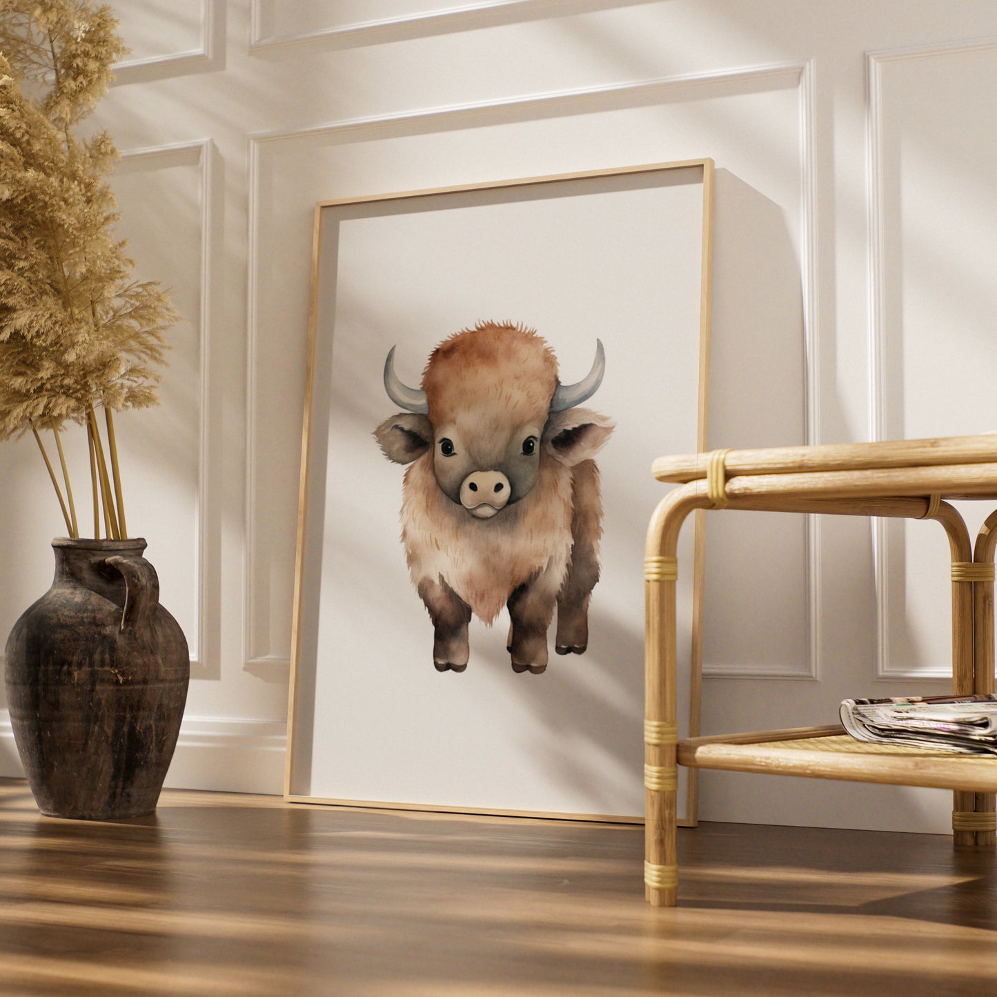 Baby Bison Nursery Wall Art, Watercolour Buffalo Print, Kids Room Animal Poster