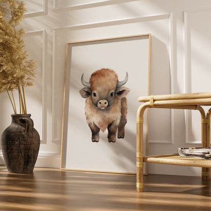Baby Bison Nursery Wall Art, Watercolour Buffalo Print, Kids Room Animal Poster