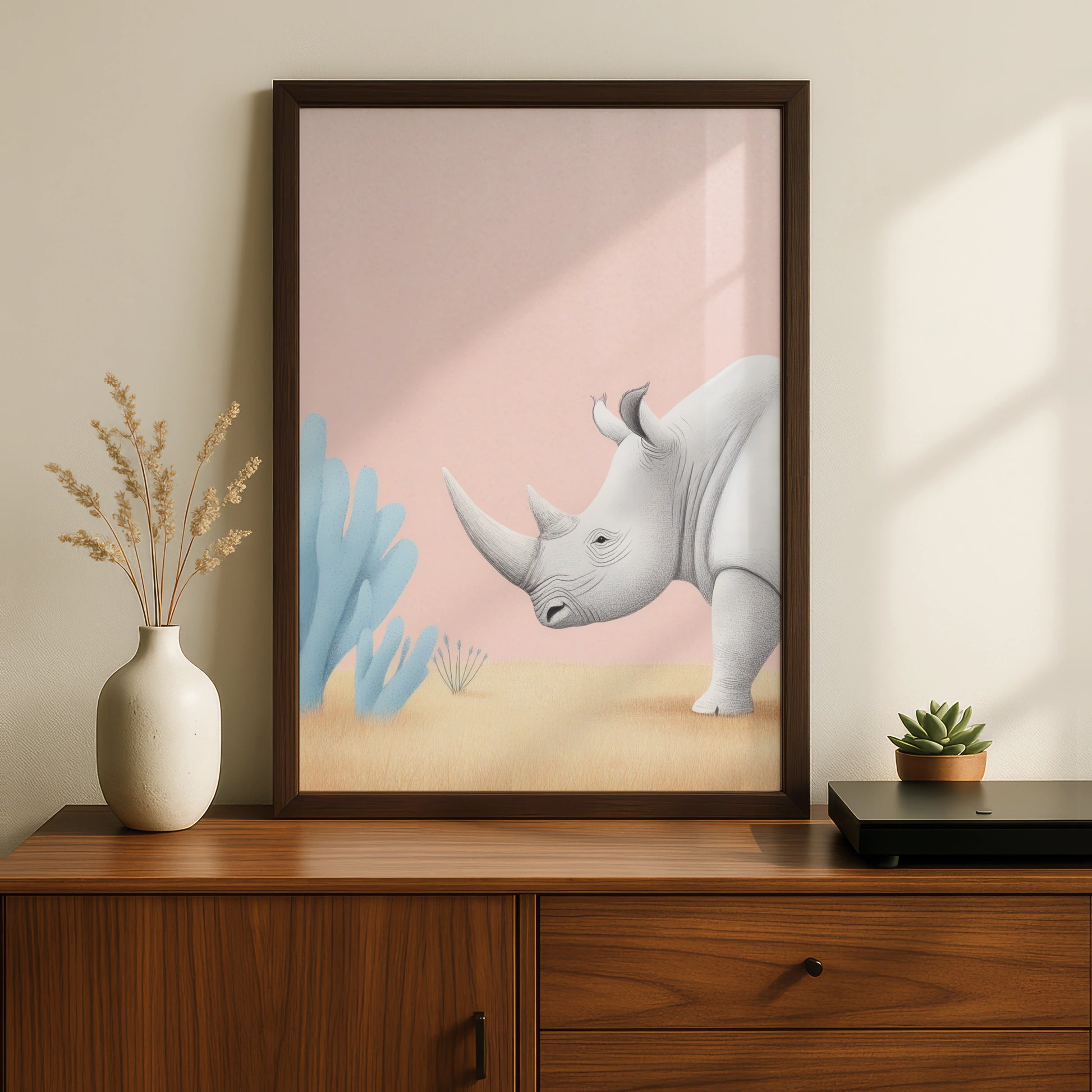 Rhino Nursery Wall Art, Safari Animal Print, Pastel Pink Kids Room Poster, Baby Decor