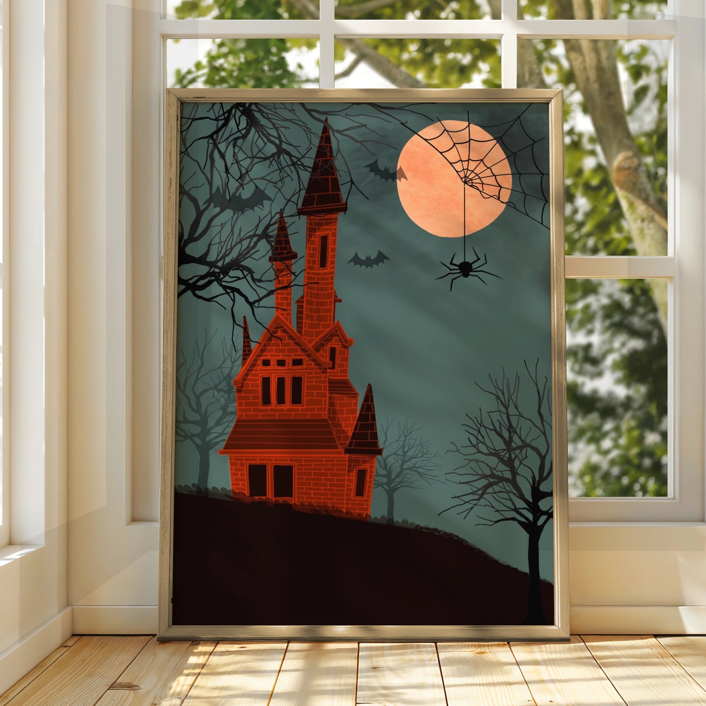Halloween Haunted Castle Poster, Spooky House Wall Art, Bats Spider Moon Print