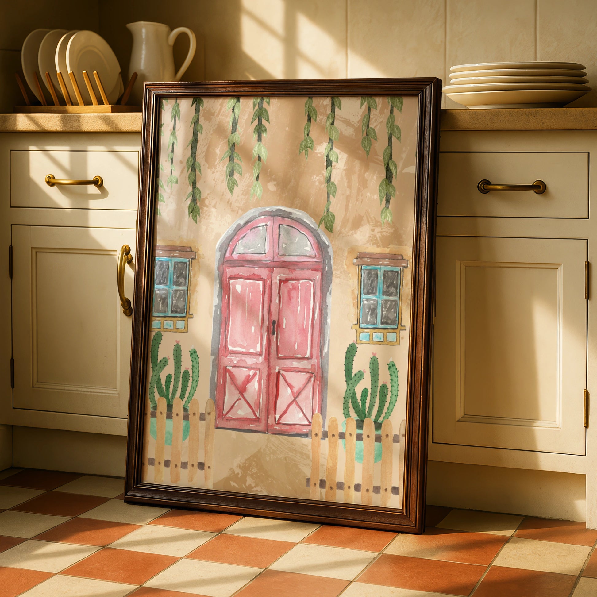Maximalist Boho Door Poster, Watercolour Cactus Wall Art, Eclectic Terracotta Print, Botanical