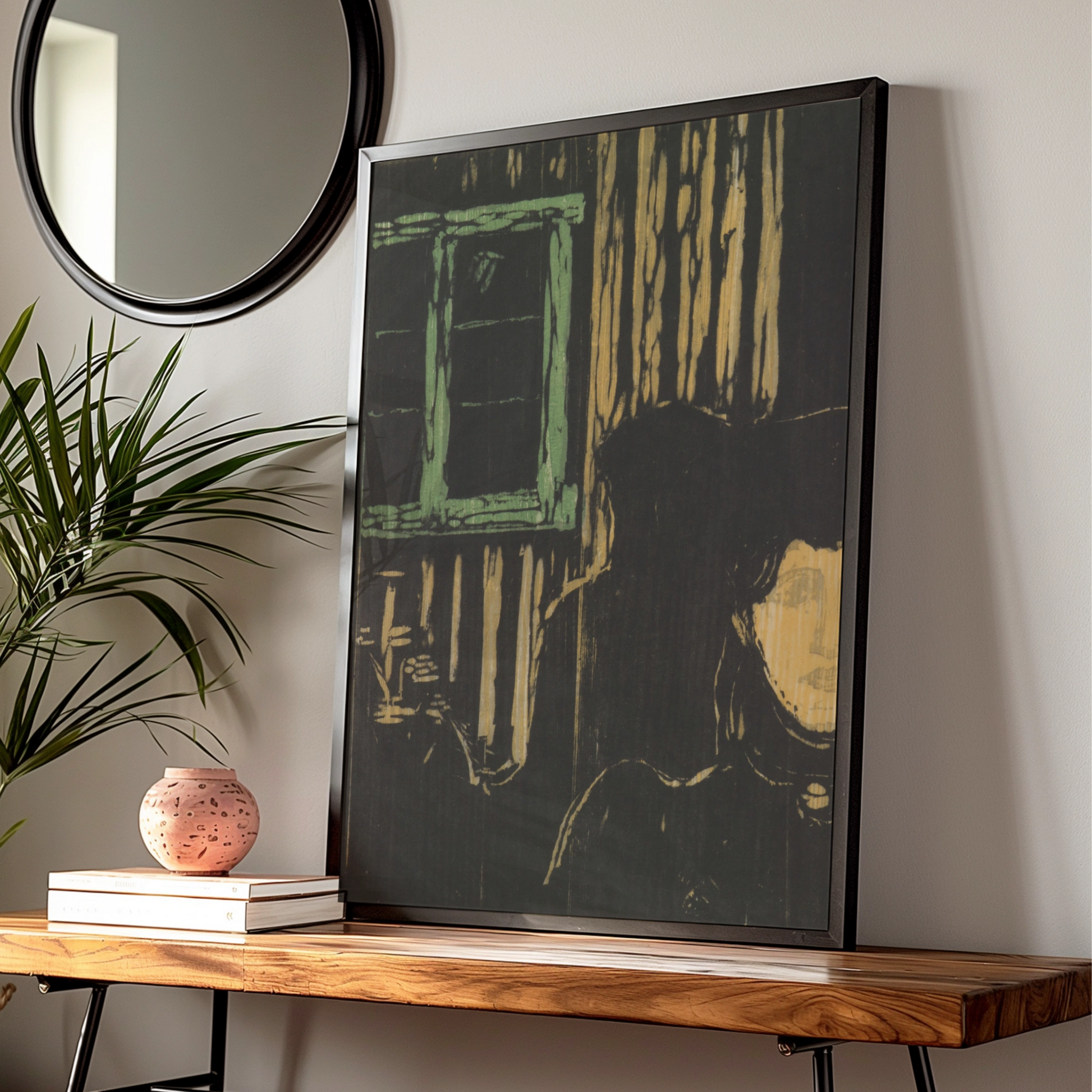 Halloween Gothic Figure Candlelight Art Print, Dark Moody Wall Poster, Woodcut Style