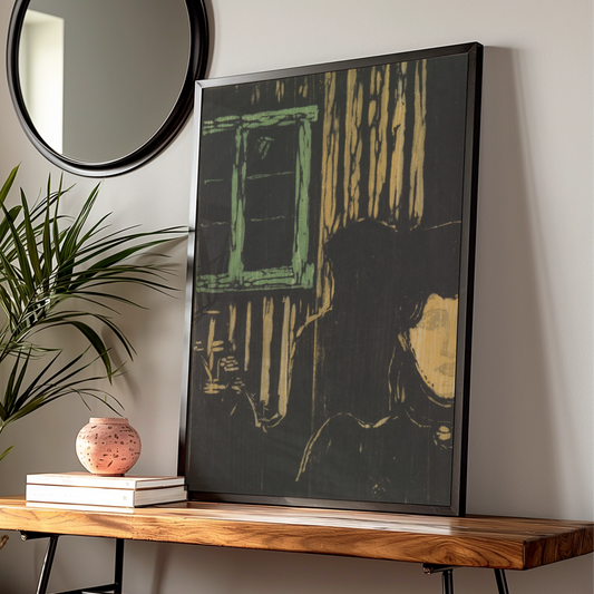Halloween Gothic Figure Candlelight Art Print, Dark Moody Wall Poster, Woodcut Style