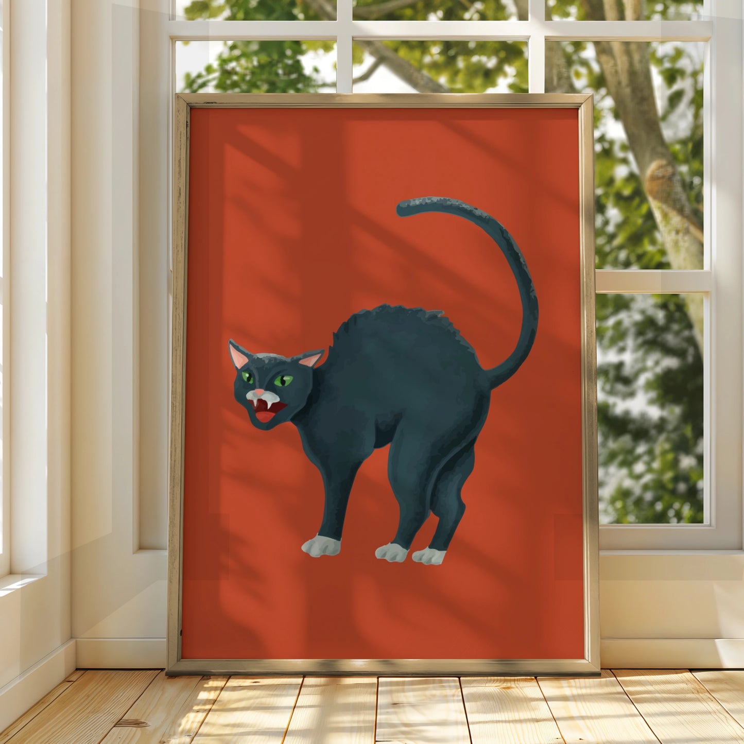 Halloween Black Cat Poster, Spooky Cat Wall Art, Arched Cat Print, Bold Red Halloween Decor