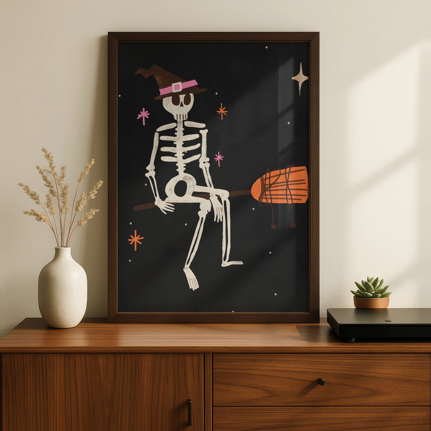 Halloween Skeleton Witch Hat Poster, Spooky Wall Art, Dark Retro Print, Pink Orange Decor