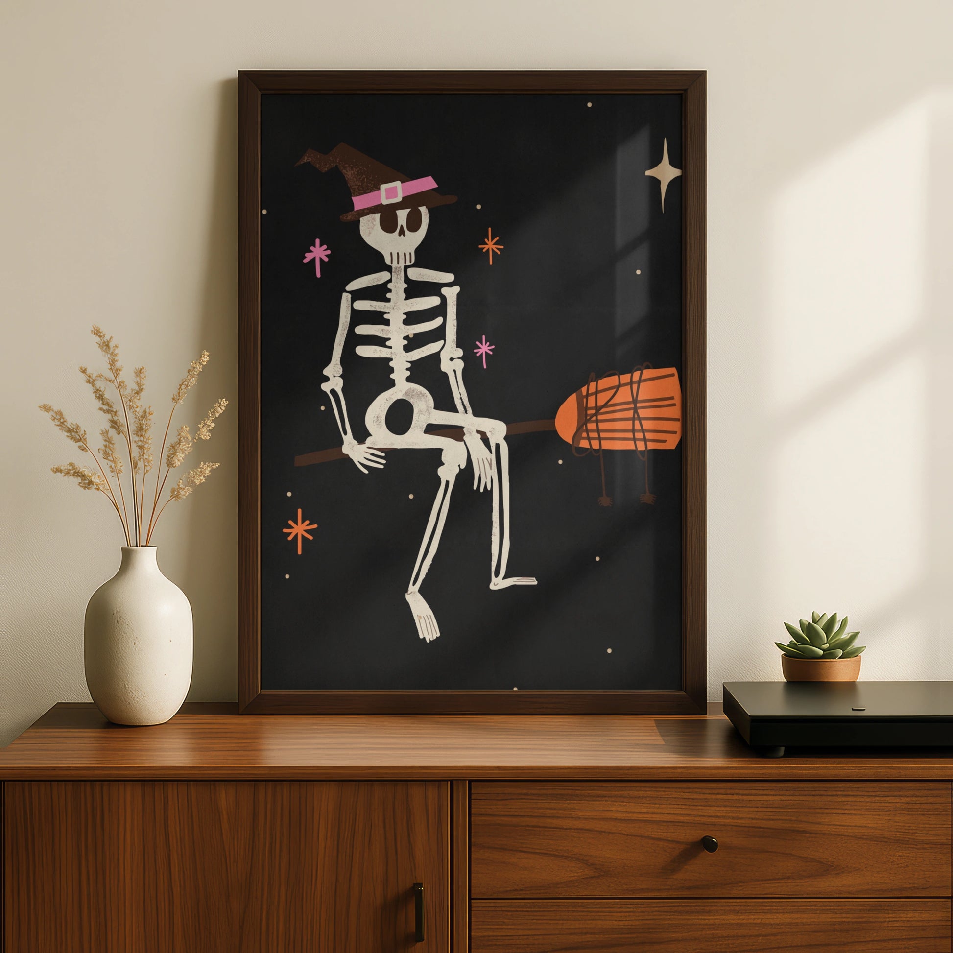 Halloween Skeleton Witch Hat Poster, Spooky Wall Art, Dark Retro Print, Pink Orange Decor