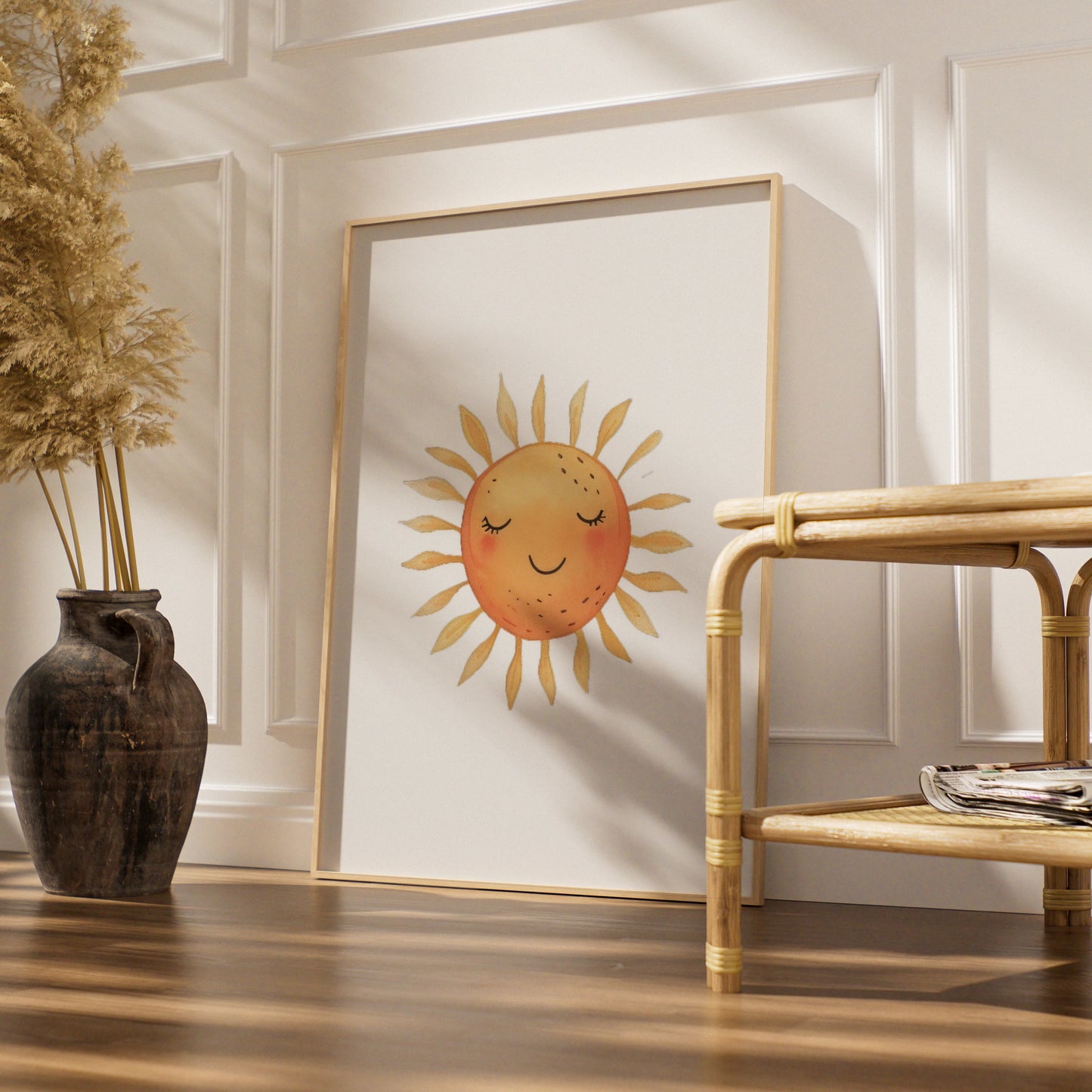 Nursery Sun Wall Art, Cute Smiling Sun Poster, Watercolour Baby Room Print, Kids Decor